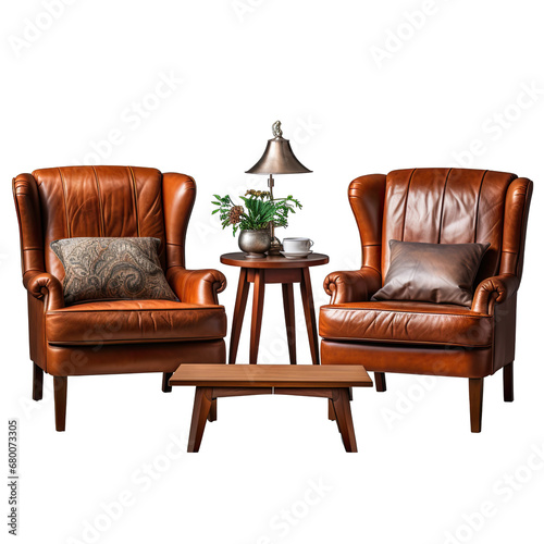 Two Armchairs and a Coffee Table Isolated on Transparent or White Background, PNG