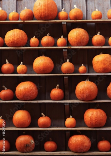 bright orange pumpkins of different sizes laid out in rows on horizontal wooden shelves on a dark background in sunlight
