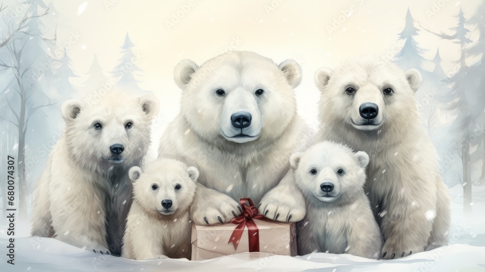 Group of polar bears with gifts in a snowy winter landscape