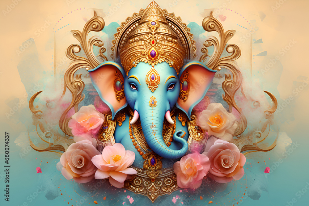 Ganesha, a Hindu mythological deity, embellished with flowers and adorned in golden decorations - obrazy, fototapety, plakaty 