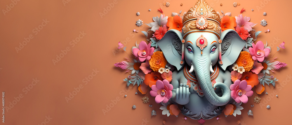 3D illustration of Hindu mythological god Ganesha with flowers on an orange background
