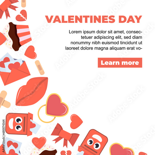 valentines day elements background. cartoon romantic love party celebration, hearts lips love sweets letters envelope ring gift boxes. vector cartoon minimalistic flat corner shaped background.