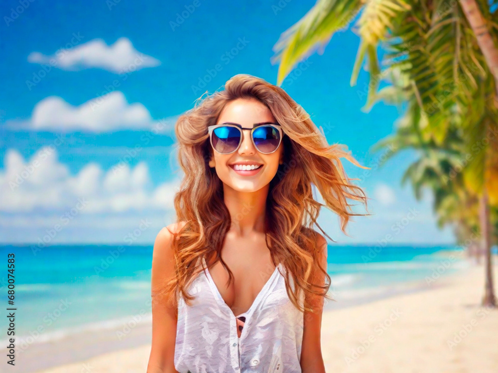 summer holidays, vacation, travel and people concept - smiling young woman in sunglasses over tropical beach background.IA generativa