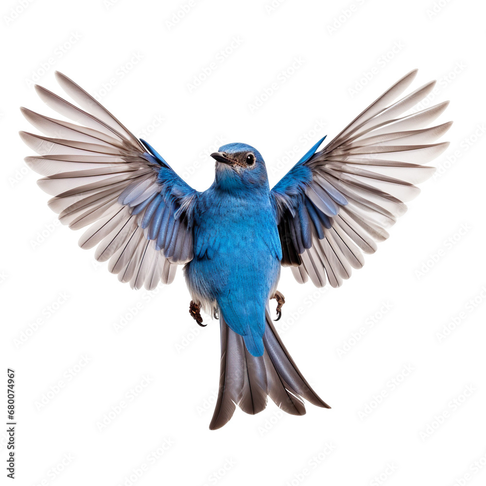 front view of Mountain Bluebird bird with wings open and landing  isolated on a white transparent background 