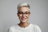 Happy Beautiful Young Woman with Short White Hair and Glasses, Close-up Portrait