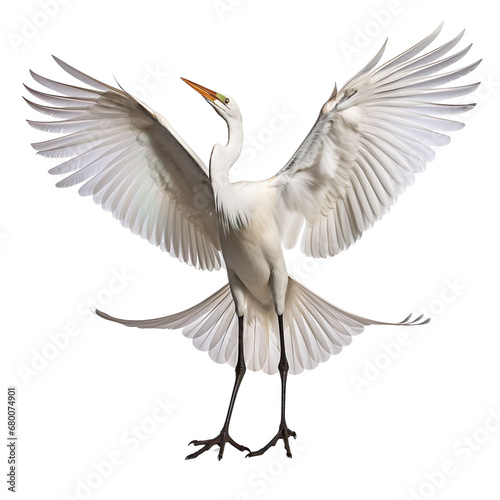 front view of Great Egret bird with wings open and landing  isolated on a white transparent background  © SuperPixel Inc