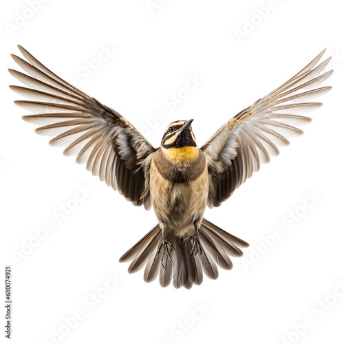 front view of Horned Lark bird with wings open and landing isolated on a white transparent background 