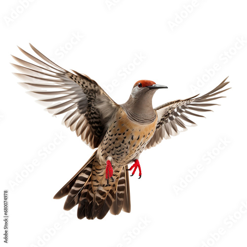 front view of Northern Flicker bird with wings open and landing isolated on a white transparent background 