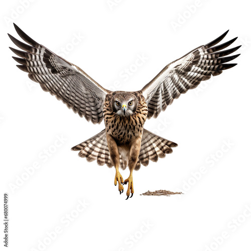 front view of Northern Harrier bird with wings open and landing isolated on a white transparent background 