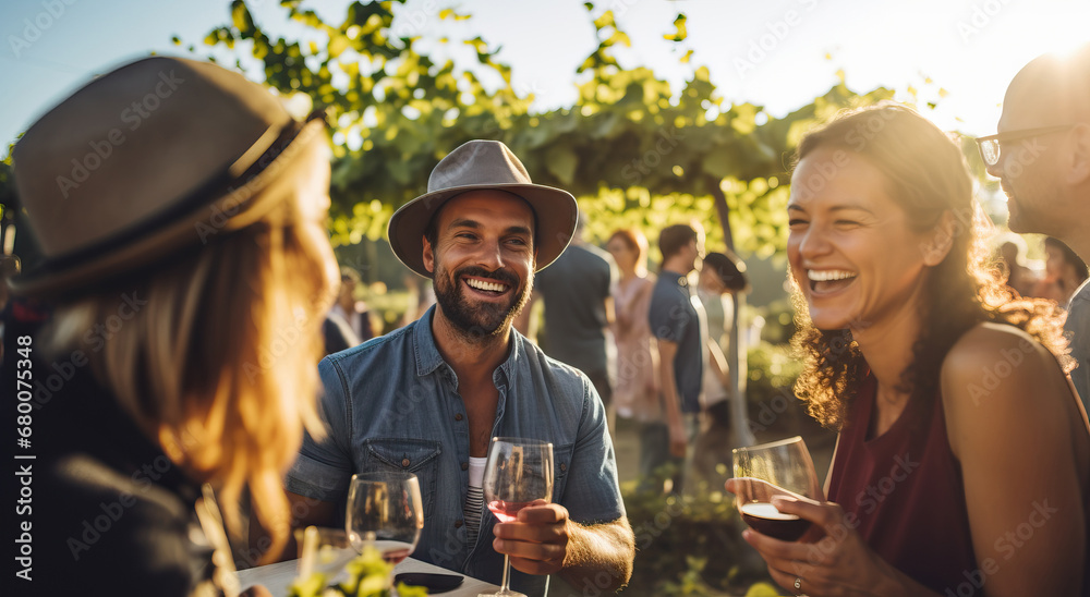Naklejka premium people enjoying moment in winery drinking wine
