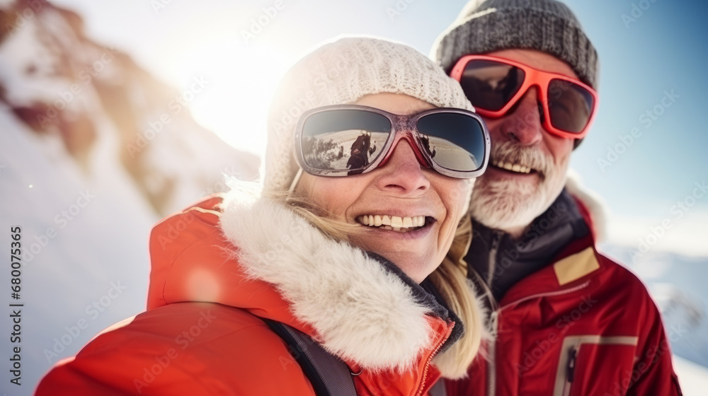 Portrait of old elderly couple at top of snowy mountain for winter sports holidays