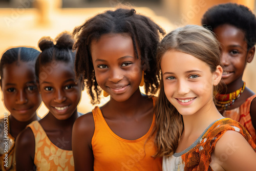 portrait of three smiling multiracial girls.