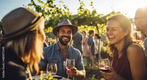 people enjoying moment in winery drinking wine photo