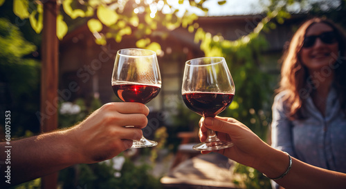 people toasting with glasses of red wine outdoors