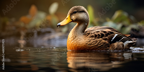 Serene duck gracefully floating on calm waters A beautiful mallard duck enjoys the tranquil pond in nature buck in the water with a blurry background Ai Generative