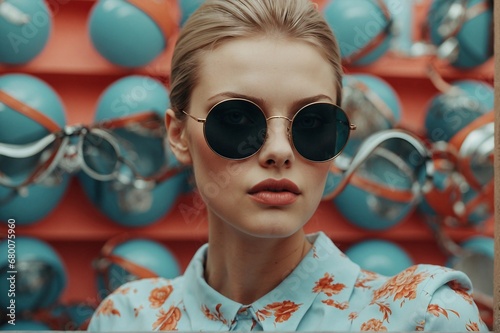 Stylish portrait of a beautiful young slim woman wearing oversized retro sunglasses.