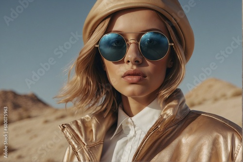 Stylish portrait of a beautiful young slim woman wearing oversized retro sunglasses.