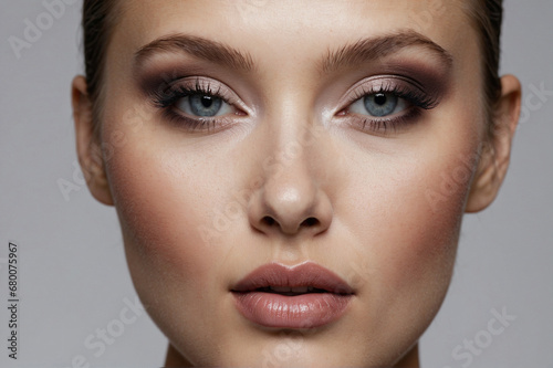 Close-up beauty portrait of a beautiful female face with professional makeup