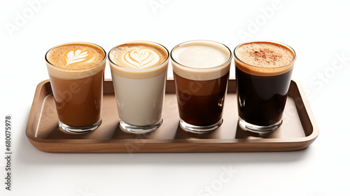 Three cups of coffee are arranged on a tray