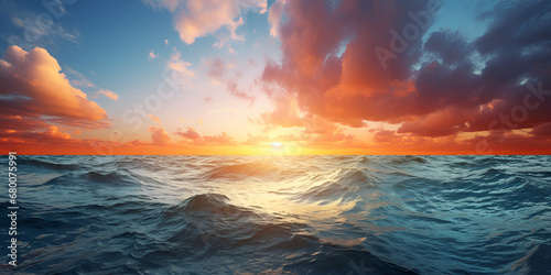 Beautiful seascape at sunset Vanilla Clouds Over A Majestic Sea At Sunrise An Exquisite 3d Rendering Background Sunset on the ocean or sea photography Ai Generative