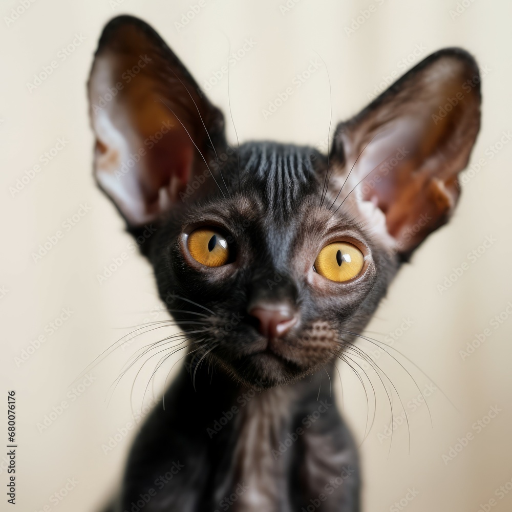 Portrait of a black Cornish Rex kitten sitting in a light room beside a window. Closeup face of a cute Cornish Rex kitty at home. Portrait of a little cat with dark sleek fur looking at the camera. Portrait of a black Cornish Rex kitten sitting in a light room beside a window. Closeup face of a cute Cornish Rex kitty at home. Portrait of a little cat with dark sleek fur looking at the camera.