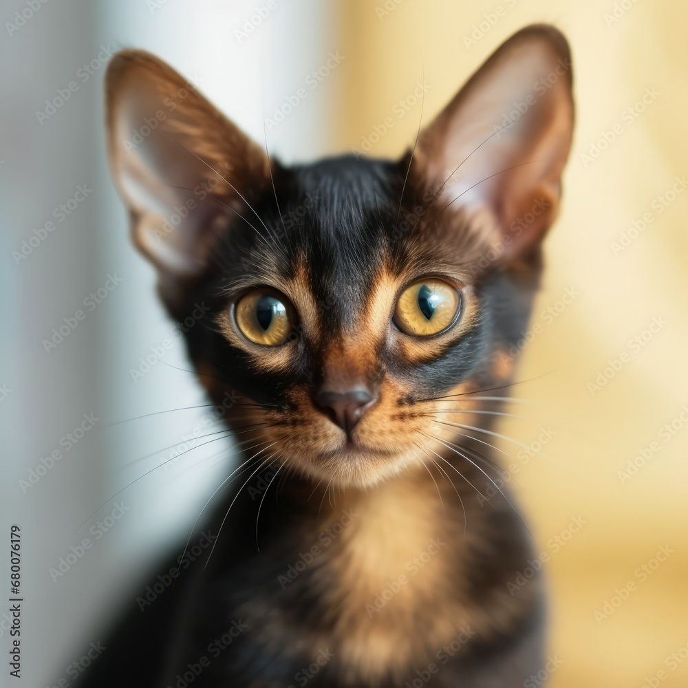 Portrait of a black Abyssinian kitten sitting in a light room beside a window. Closeup face of a beautiful Abyssinian kitty at home. Portrait of a young cat with sleek fur looking at the camera.