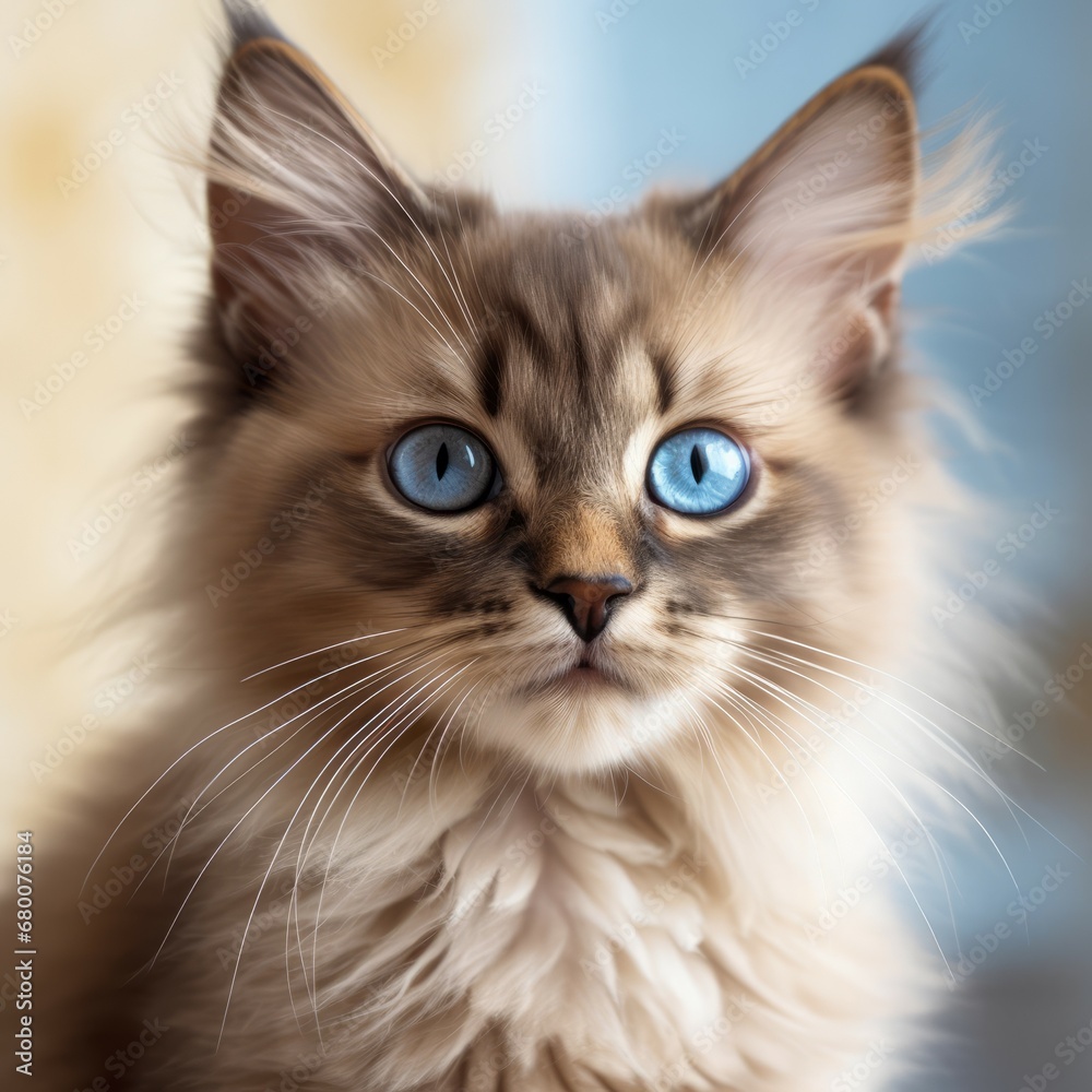 Portrait of a cute Somali kitten with blue eyes looking at the camera. Closeup face of an adorable blue Somali kitty at home. Portrait of little cat with thick fur sitting in light room beside window.