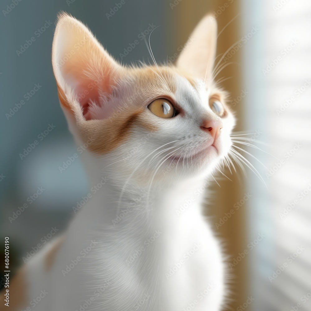 Portrait of a white Abyssinian kitten sitting in a light room beside a window. Closeup face of a beautiful Abyssinian kitty at home. Portrait of a young cat with sleek white fur looking out a window. Portrait of a white Abyssinian kitten sitting in a light room beside a window. Closeup face of a beautiful Abyssinian kitty at home. Portrait of a young cat with sleek white fur looking out a window.