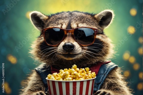 Amusing poster featuring a raccoon in sunglasses with popcorn. Advertisement photo