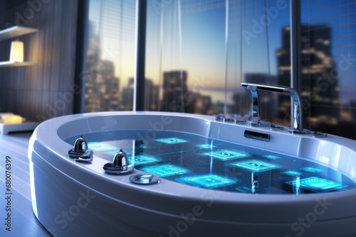 Smart bathtub with blue lighting, automatically fills and regulates water temperature.