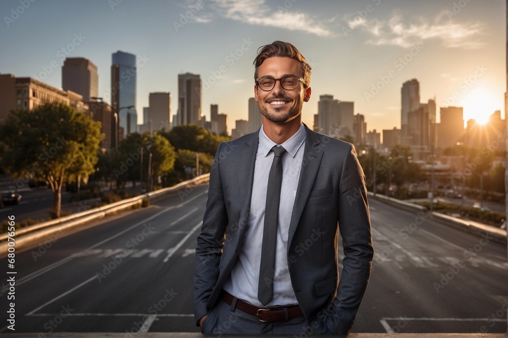 Happy man in a business suit against the backdrop of a metropolis on a sunny day, business life in a big city Happy man in a business suit against the backdrop of a metropolis on a sunny day, business life in a big city