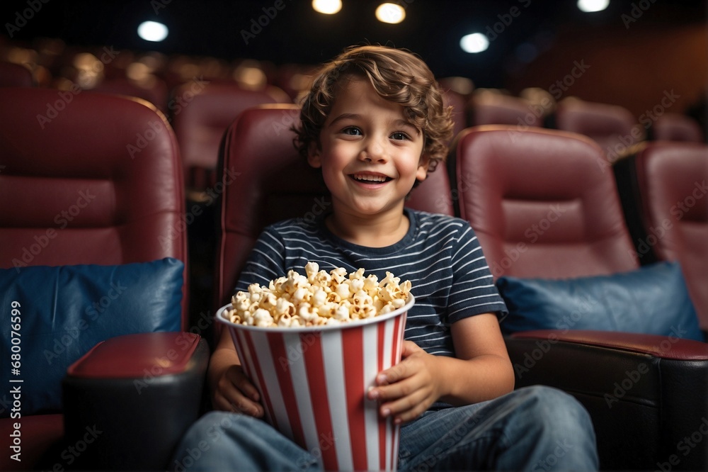 Happy little boy sitting in a chair in a movie theater with a paper bucket of popcorn