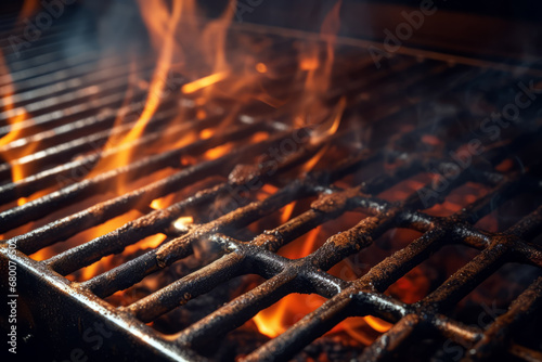 Close up of empty grill with fire in background of modern restaurant. Cooking concept of food and dish.