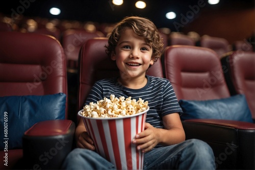 Obraz na płótnie Happy little boy sitting in a chair in a movie theater with a paper bucket of popcorn w salonie