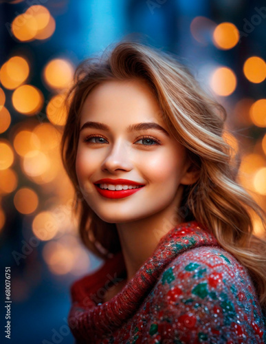 Smiling pretty model woman portrait with gold bokeh background. Winter, holidays, celebration concept. Christmas, new year, happy, joyful. Beautiful gorgeous caucasian young girl for ad, advertisement © Mer Sanchez