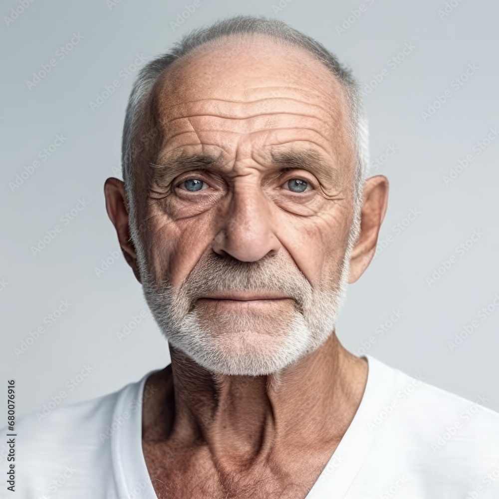Portrait of a senior man. Isolated on grey background. Closeup portrait of a sad senior man with grey hair looking to camera. Portrait of a senior man. Isolated on grey background. Closeup portrait of a sad senior man with grey hair looking to camera.