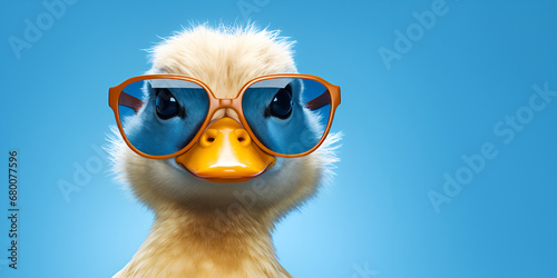  close up view of a goose with pink sunglasses on light blue isolated background generative AI © Sohail