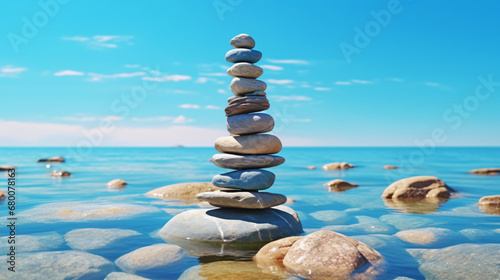 Tower of stones on the background of the sea. Stone