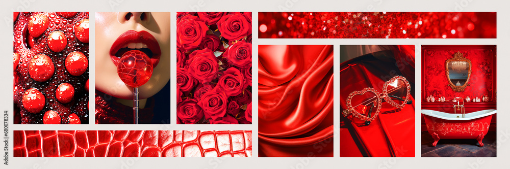 Inspiring fashion mood board. Collage with top colors photos. Red ...