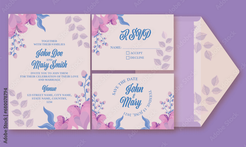 Floral Wedding Invitation Card Set With Envelope on Purple Background.