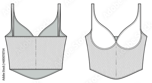 Sexy push-up Bralette top flat technical fashion illustration. Bralette top fashion flat technical drawing template. with padding and underwire. front, and back view. ladie's, CAD mock-up set.