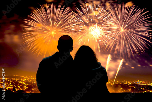 Silhouetted of Couple hugging and watching firework