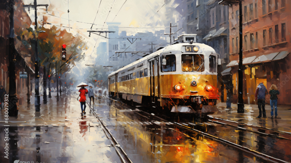 Train in old city oil paintings landscape