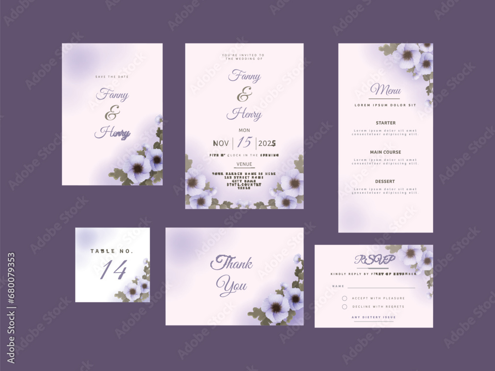 Elegant Floral Wedding Invitation Card Suite Presenting on Purple Background.