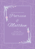 Floral Wedding Invitation Card Template Layout with Venue Details in Pastel Purple Color.