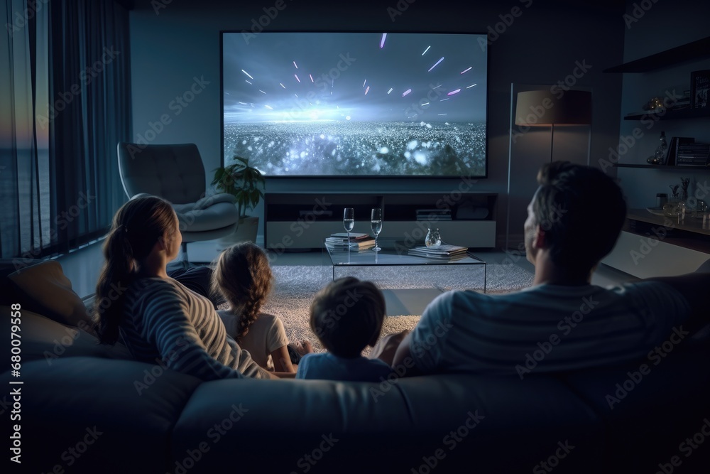 A family watches a movie in a home theater. - obrazy, fototapety, plakaty 