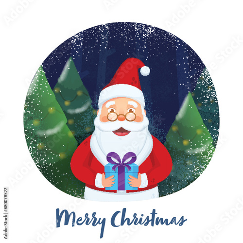 Cartoon Santa Claus Holding a Gift Box with Xmas Trees, Noise Effect and Snowfall on Violet Background for Merry Christmas.
