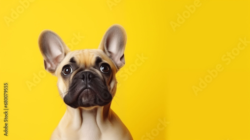 Cute banner with a dog looking up on yellow background