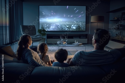 A family watches a movie in a home theater.