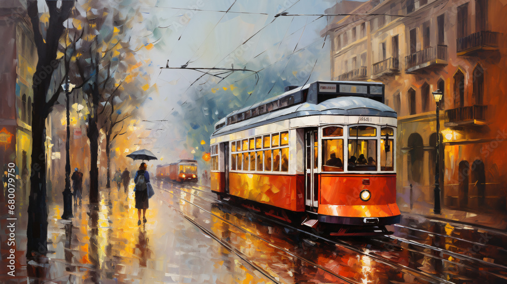 Tram in old city colorful oil paintings landscape